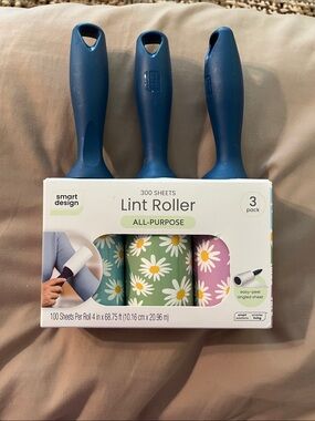 NIB Smart Design All-Purpose Lint Roller 3-Pack - Blue Handles with Floral Rolls